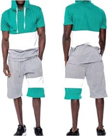 Men's Casual Stitching Color 2 Piece Short Sets Outfits Loose Hooded Short-Sleeved T-shirt + Shorts Siuts (Color: 04-XL)