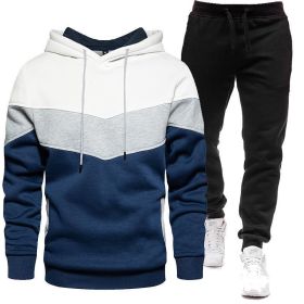 Sports Suit Men's 2022 Autumn Winter Oversize Hooded Sweater Pants Color blocking 2-piece suit Light board (Color: White)